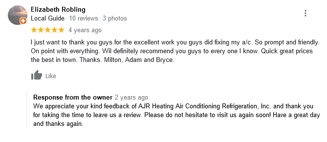 AJR Heating Air Conditioning Refrigeration, Inc. Google Review