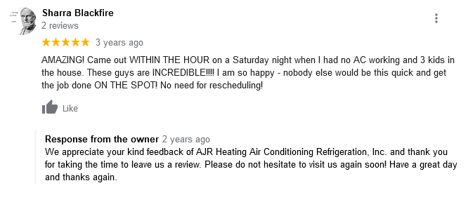 AJR Heating Air Conditioning Refrigeration, Inc. Google Review