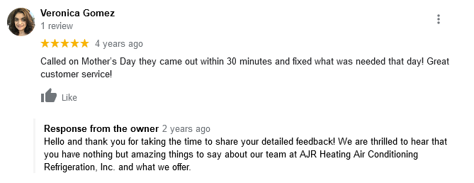AJR Heating Air Conditioning Refrigeration, Inc. Google Review