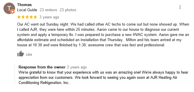 AJR Heating Air Conditioning Refrigeration, Inc. Google Review