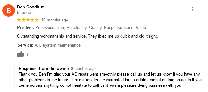 AJR Heating Air Conditioning Refrigeration, Inc. Google Review