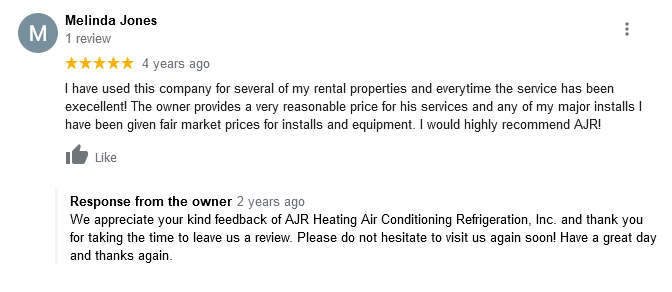 AJR Heating Air Conditioning Refrigeration, Inc. Google Review