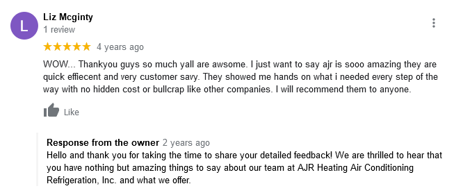 AJR Heating Air Conditioning Refrigeration, Inc. Google Review
