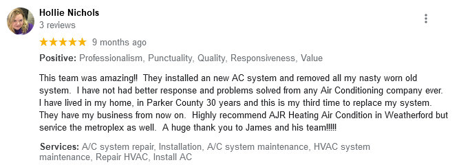 AJR Heating Air Conditioning Refrigeration, Inc. Google Review