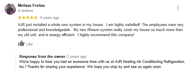 AJR Heating Air Conditioning Refrigeration, Inc. Google Review