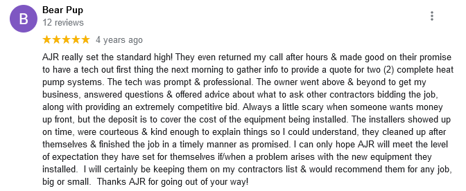 AJR Heating Air Conditioning Refrigeration, Inc. Google Review
