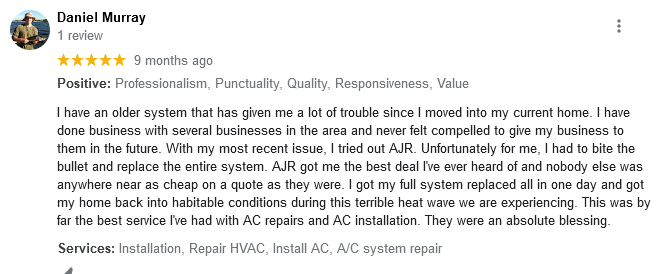 AJR Heating Air Conditioning Refrigeration, Inc. Google Review
