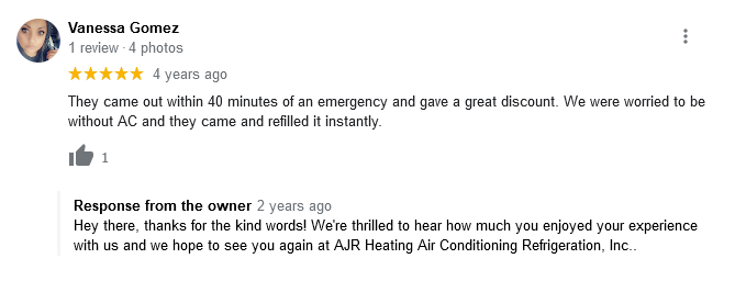 AJR Heating Air Conditioning Refrigeration, Inc. Google Review
