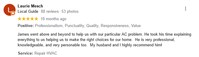 AJR Heating Air Conditioning Refrigeration, Inc. Google Review