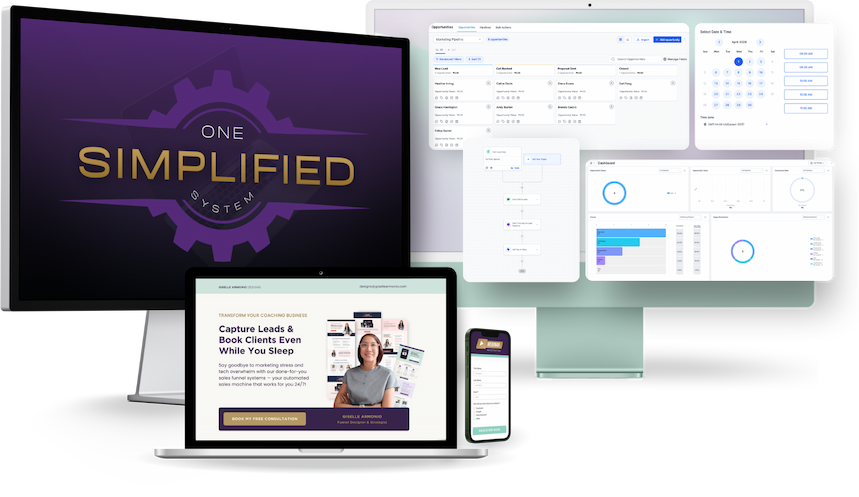 Client journey system dashboard showing funnel pages, automation workflows, and lead tracking for coaches