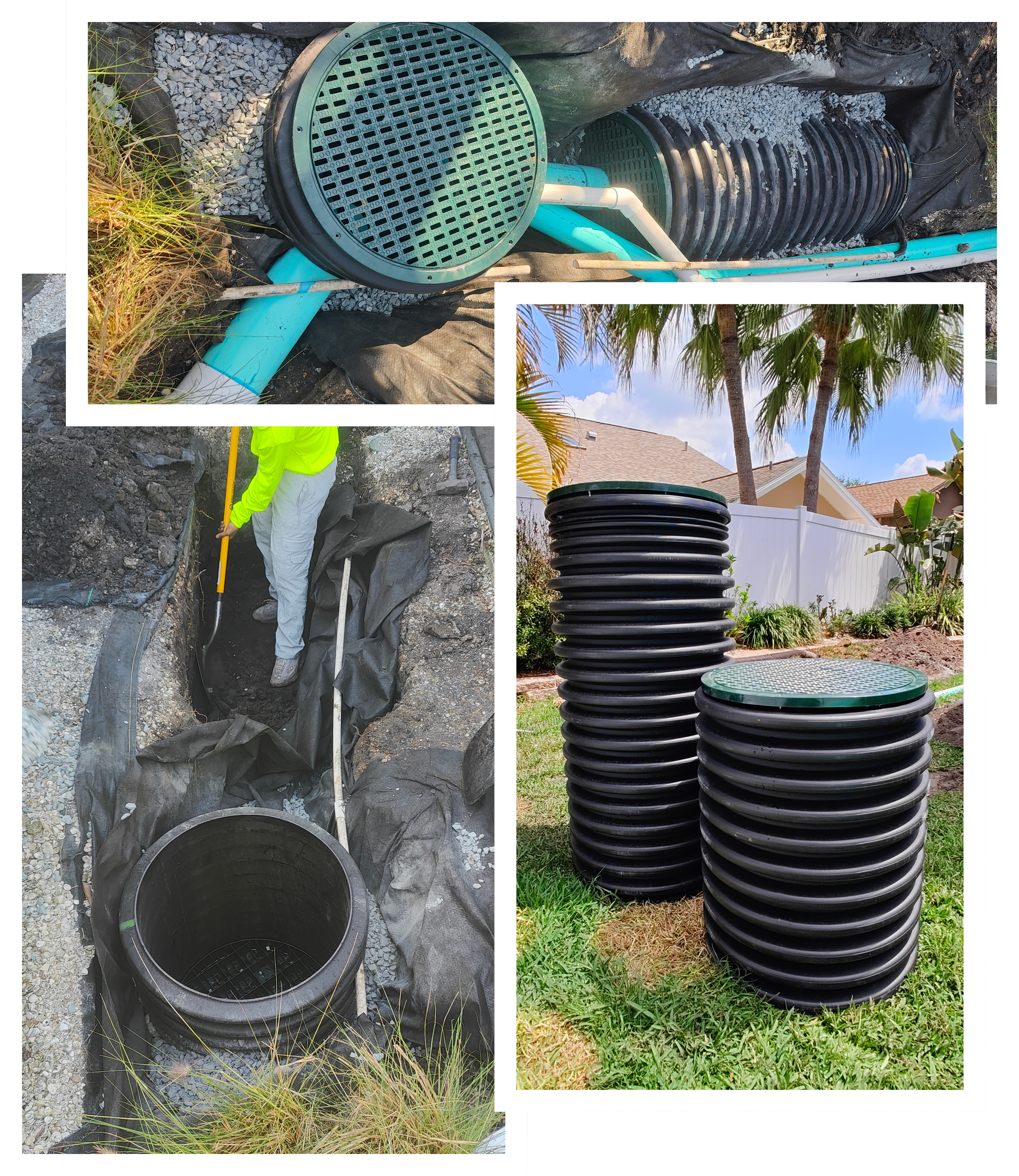A Trufam commercial-grade sump system built for a low Tampa Bay lot, with a 24-inch dual-wall chamber and high-volume pump