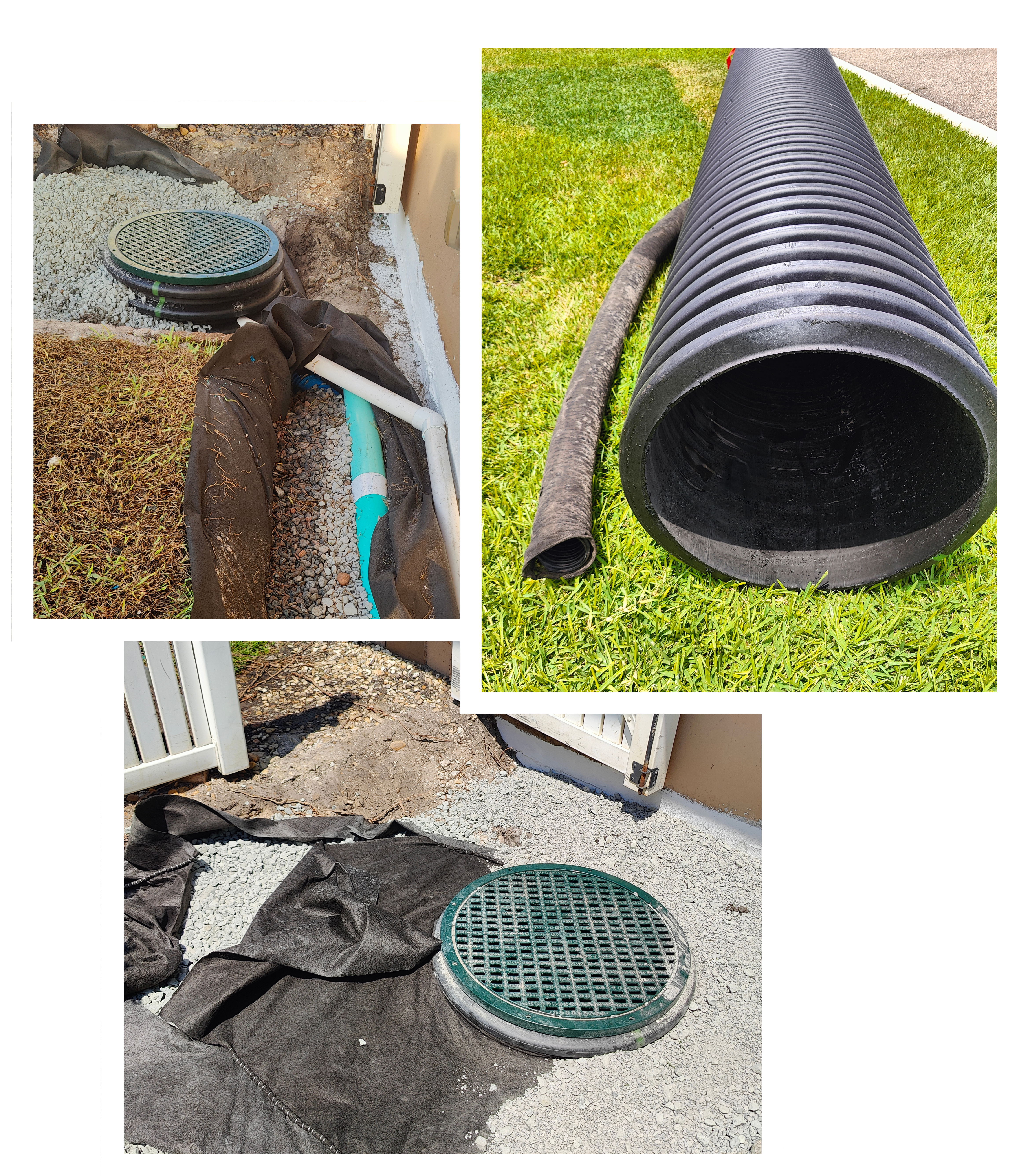 Cutaway of a Trufam sump chamber built from 24-inch dual-wall pipe with a commercial-grade submersible pump and a solid Schedule 40 PVC discharge line