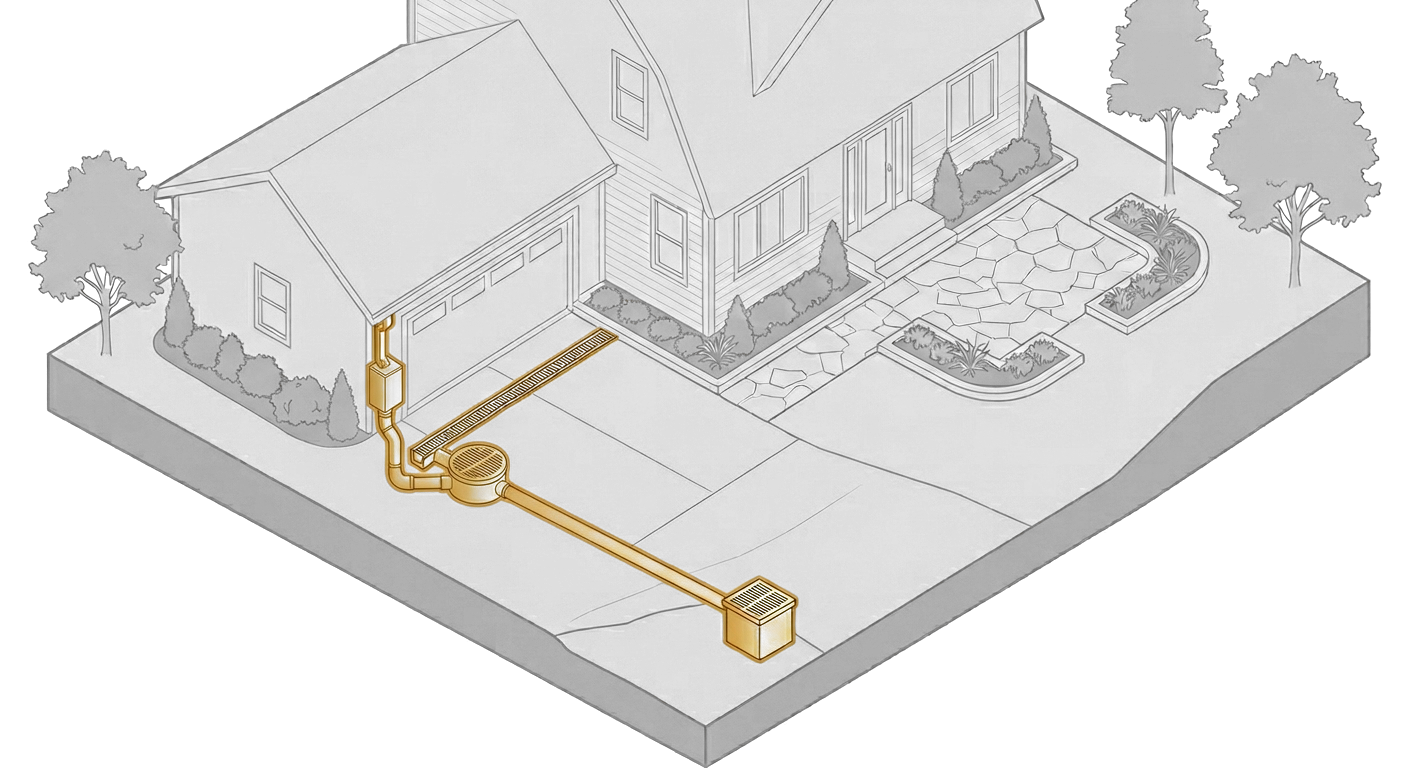 Diagram of a Trufam channel drain system on a driveway: 1 the channel drain and 2 a downspout cleanout both feed 3 a sediment basin, then 4 a sealed SDR-35 line carries water to 5 an outlet basin