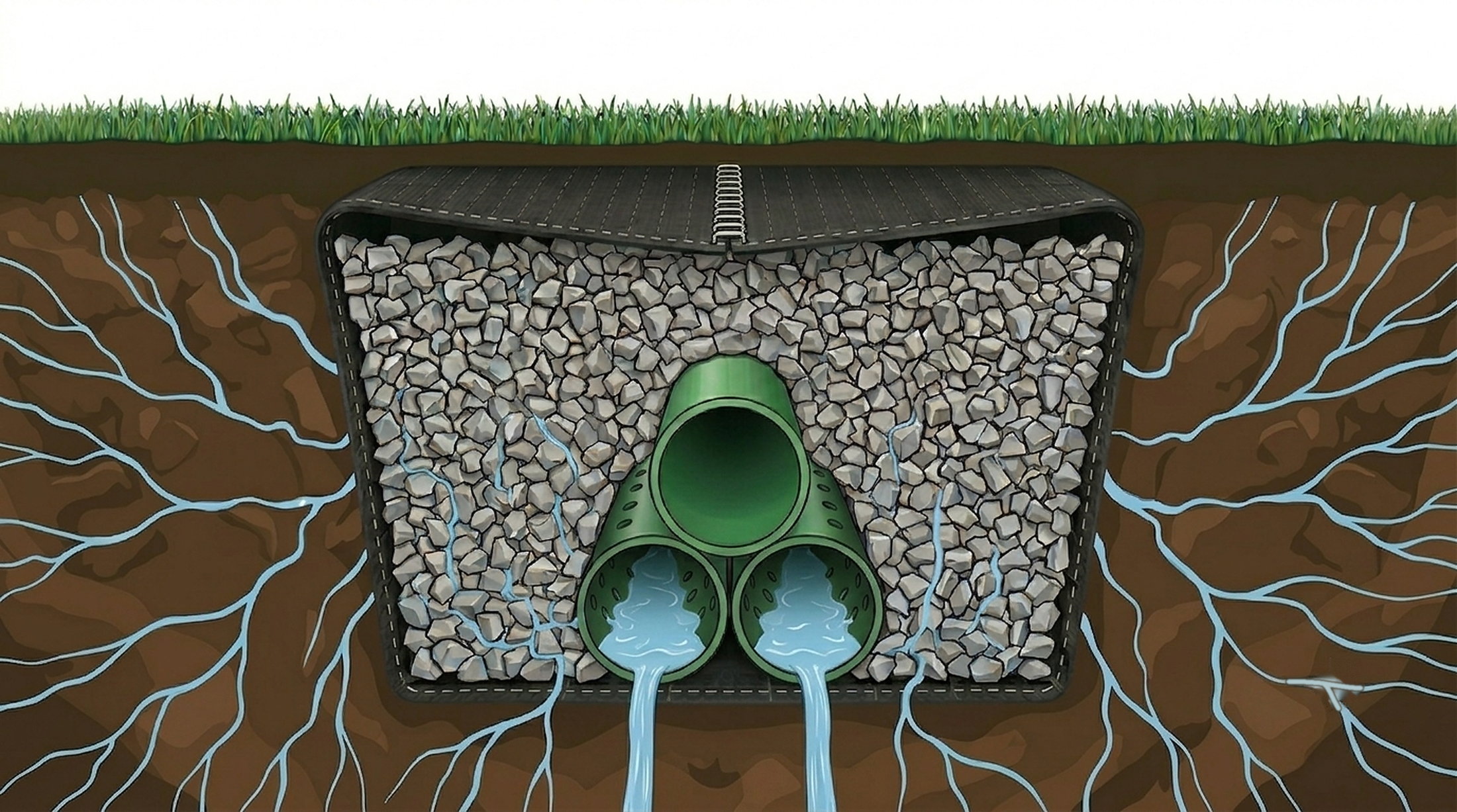 Cross-section of a Trufam French drain trench: 1 the geotextile fabric pulled closed over the stone with a stainless steel staple seam, 2 the fabric walls separating soil and sediment from the stone, 3 clean number 57 granite fill, 4 a separate solid SDR-35 downspout pipe running dry above, 5 groundwater entering through the soil into the two perforated pipes below