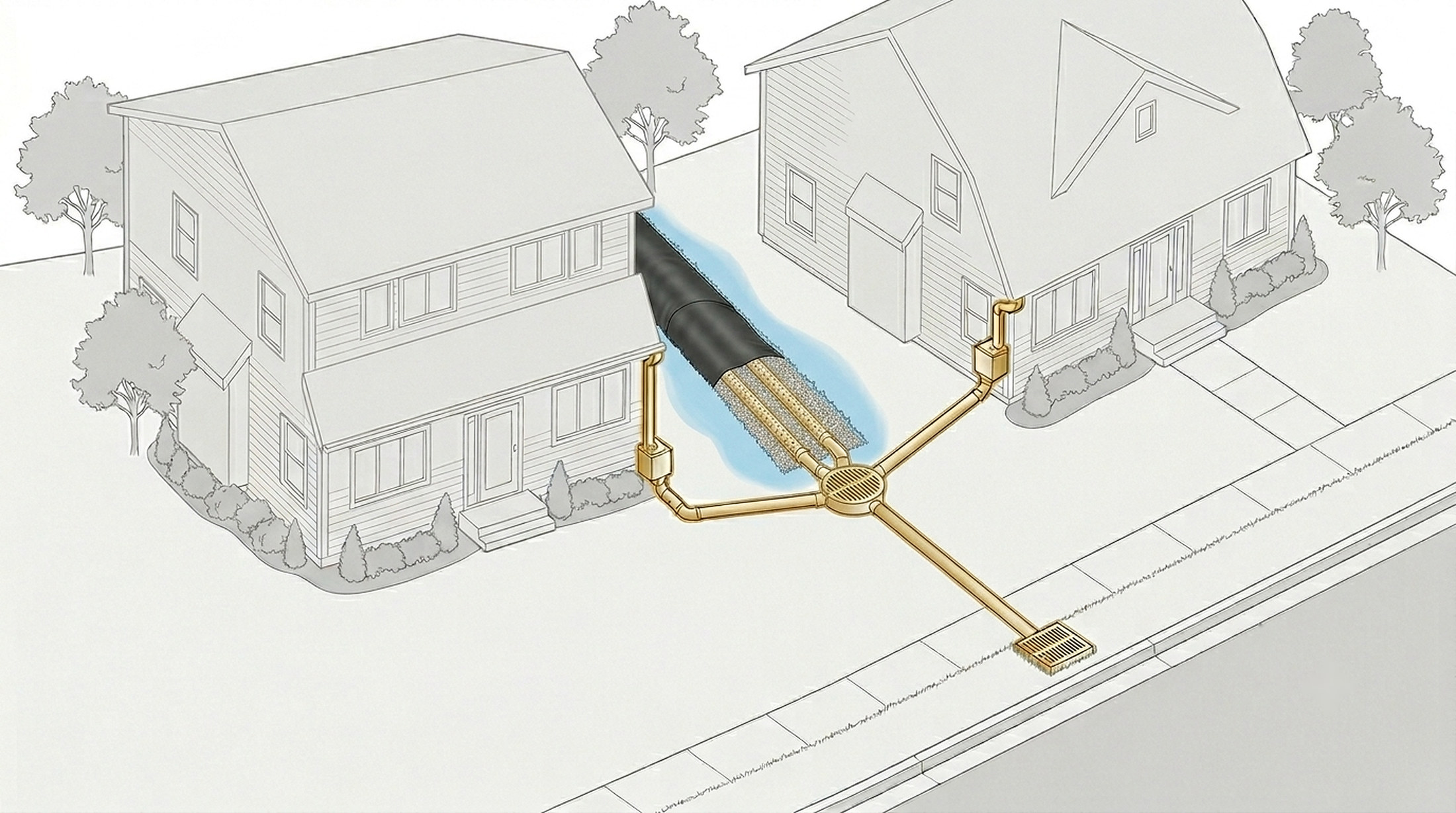 Diagram of a Trufam French drain system between two homes: 1 the saturated yard, 2 geotextile drainage fabric closed over the back half of the trench, 3 the open granite stone bed, 4 two perforated collection pipes, 5 a metal downspout cleanout on the wall, 6 a flush distribution box collecting everything, 7 a high-flow outlet basin at the street