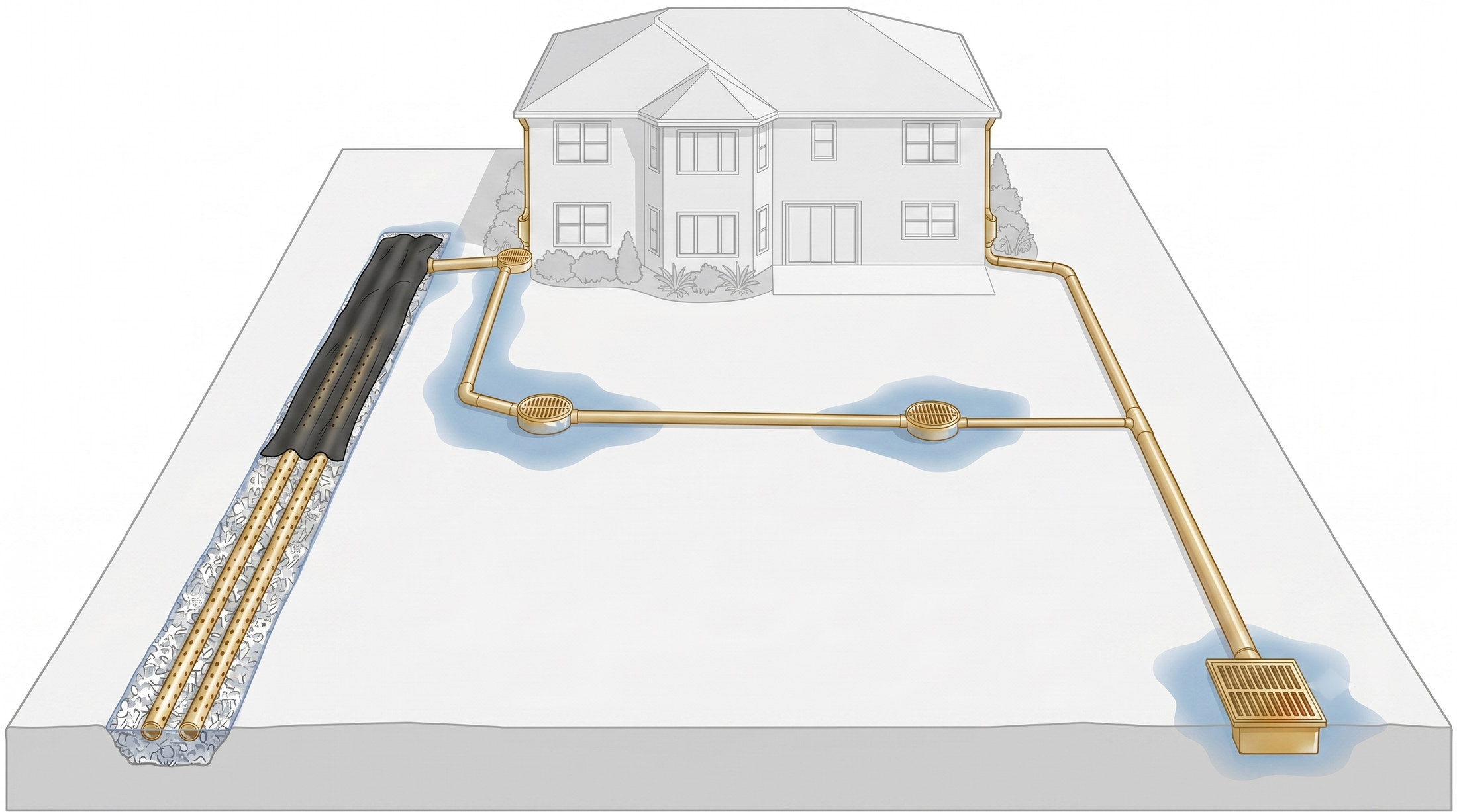 Diagram of a complete Trufam yard drainage system on a Tampa Bay lot: 1 a French drain trench with two perforated pipes in clean granite, 2 geotextile drainage fabric closed over the stone bed, 3 downspout tie-ins running into their own solid lines, 4 grated catch basins at the low spots, 5 the sealed main line crossing the yard, 6 a grated discharge basin at the edge of the lawn