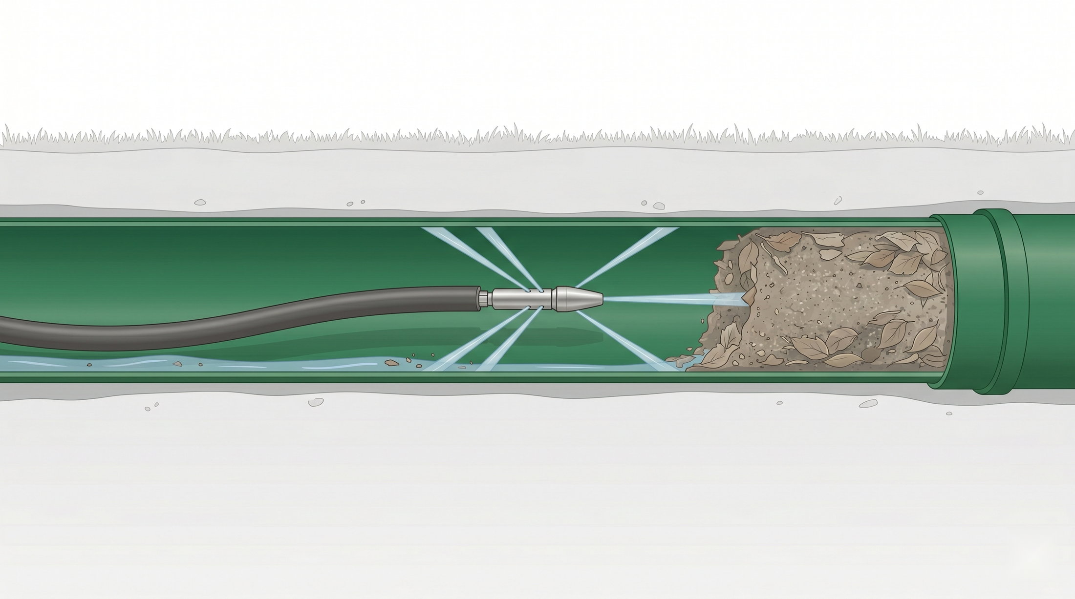 Cutaway illustration of hydro jetting inside a buried green SDR-35 drainage pipe: 1 the jetter hose feeding in from an access point, 2 the steel jetting nozzle, 3 rear jets scrubbing the pipe walls, 4 the forward jet cutting through a clog of leaves and sediment, 5 loosened debris flushing back toward the access point, 6 the lawn above completely untouched