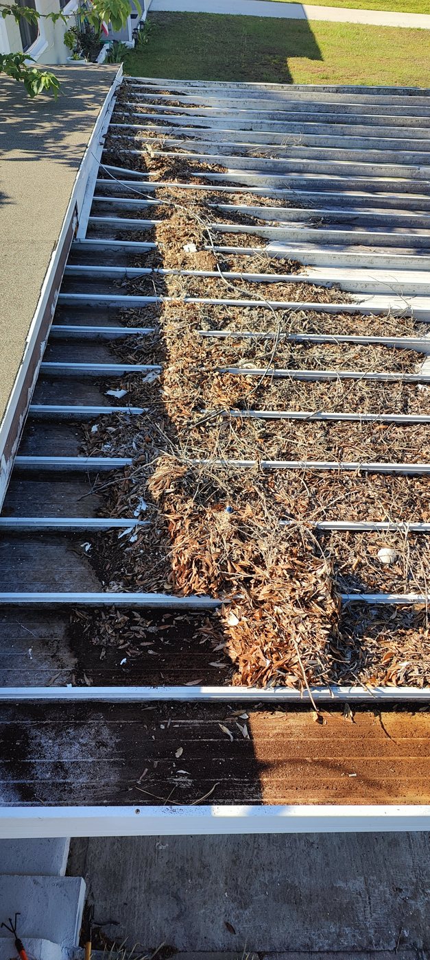 Long run of a Tampa Bay pan roof gutter filling with leaves and debris