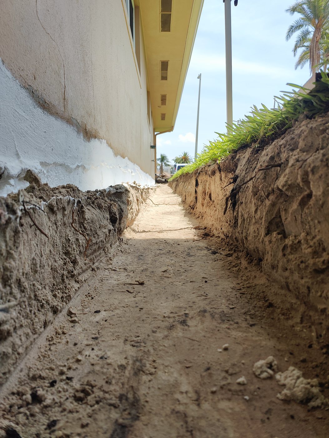 Deep foundation drain trench along a Tampa Bay side yard with the rubberized waterproofing coating applied to the wall by Trufam Drainage