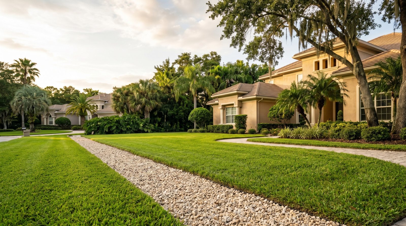 A Palm Harbor neighborhood at golden hour with tile roof homes, live oaks draped in Spanish moss, and a clean gravel drainage strip running through a green lawn