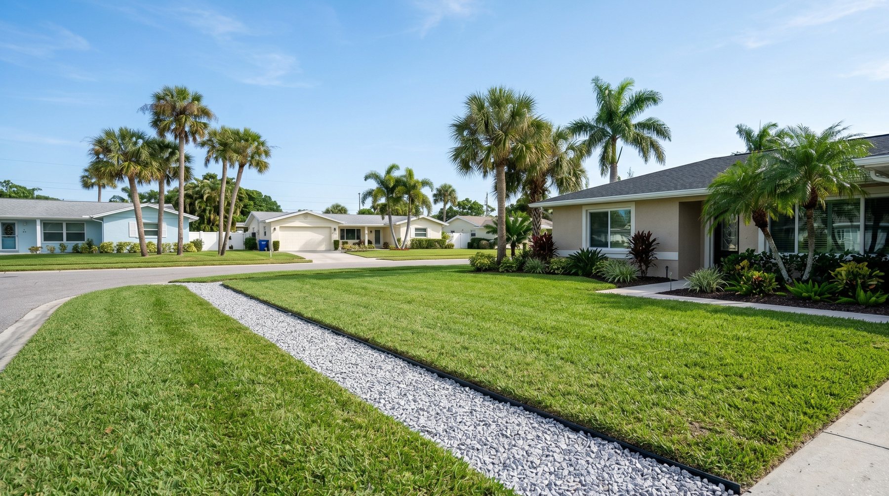 A finished Trufam French drain running across a green lawn in an established Clearwater, FL neighborhood