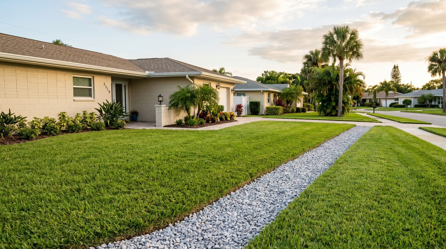 A finished French drain of clean granite running across a Largo front yard to the street, a Trufam install