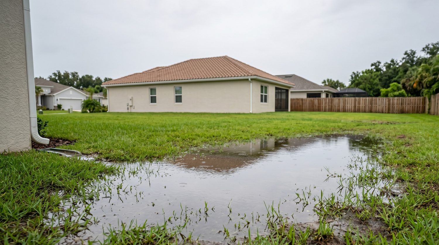A flat Largo backyard holding a wide pool of standing water days after rain, with a downspout draining at the house
