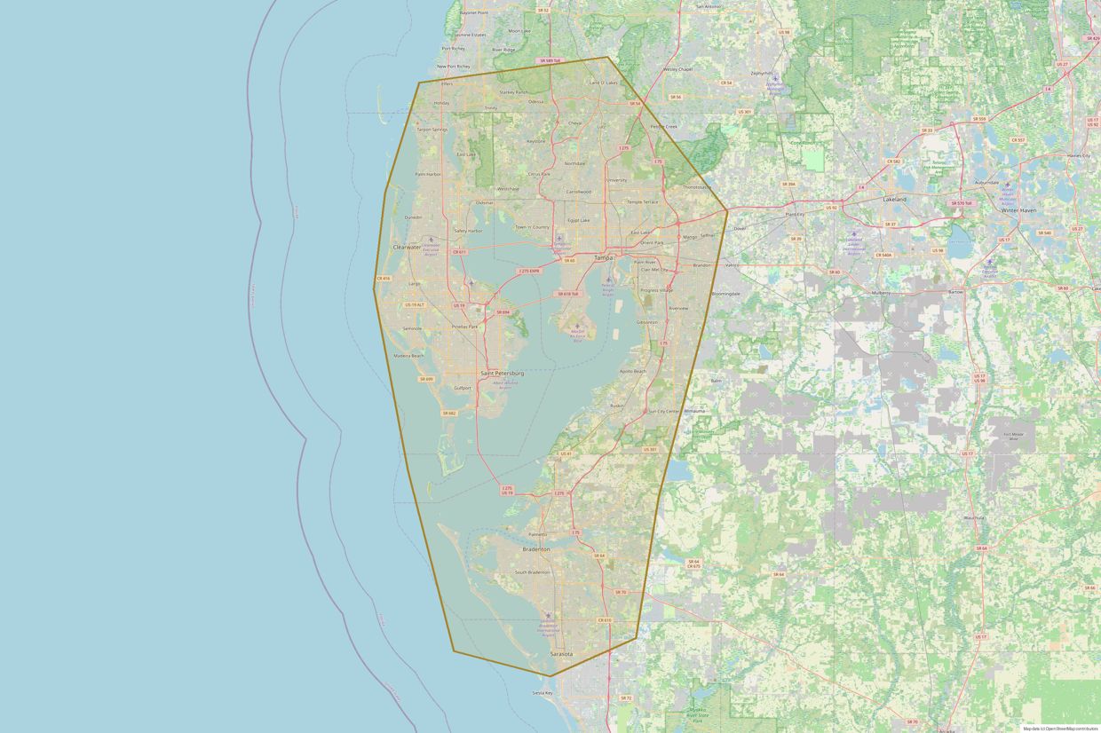 Map of the Trufam Drainage service area across Greater Tampa Bay, from Palm Harbor to North Sarasota