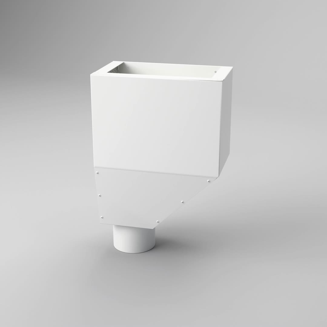 A white metal Trufam downspout cleanout, shown as a 3D model
