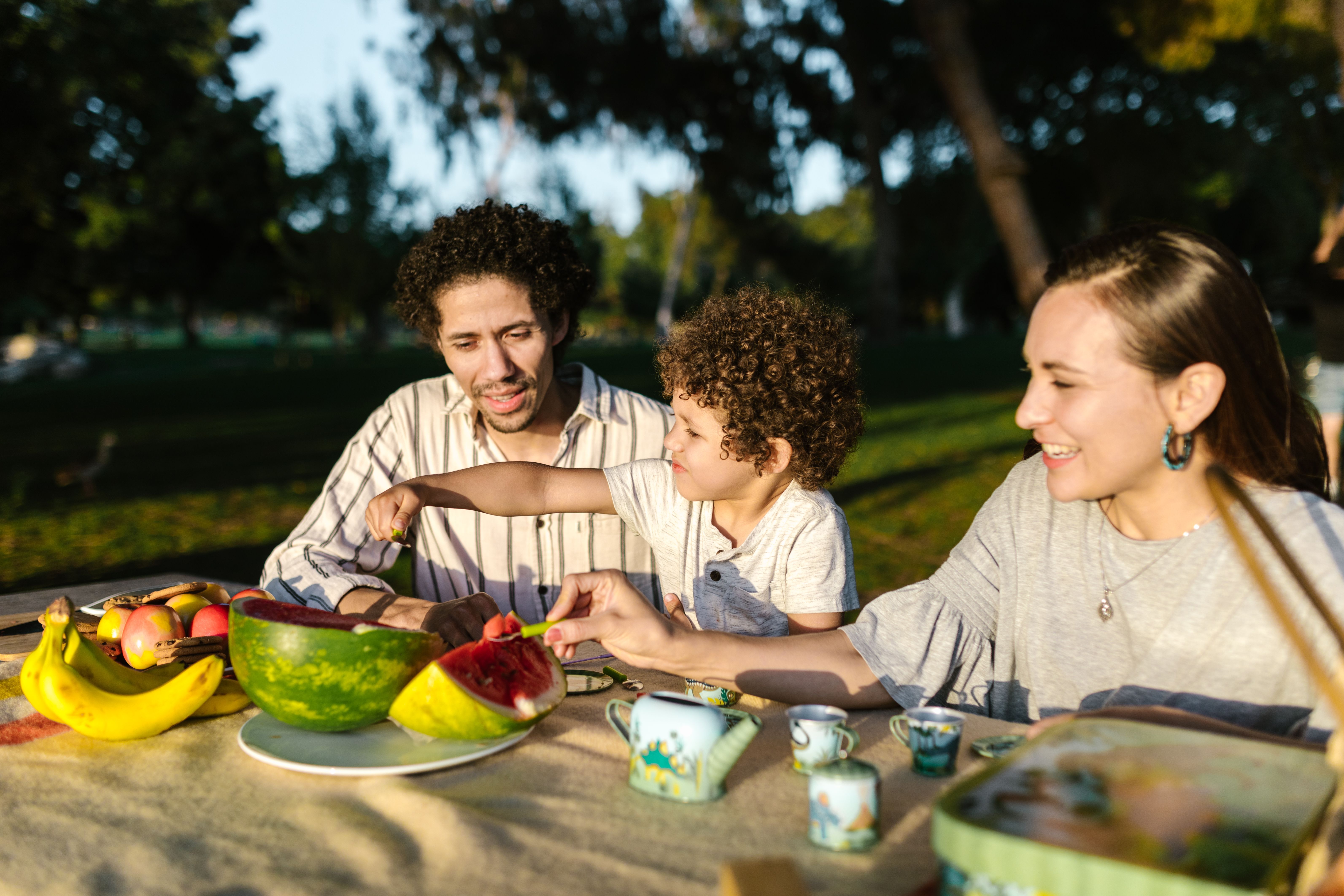 Family of three having a picnic on a green field