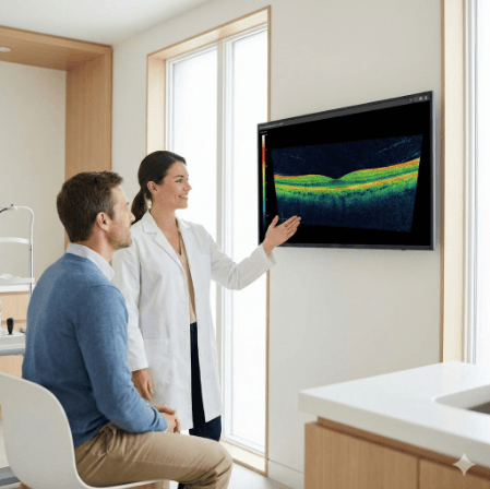 A doctor showing a patient some images from his recent eye exam and assessment