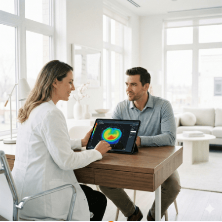 An optometrist reviewing a retinal scan with a patient