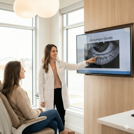 An optometrist showing a patient images of her eye during an assessment.