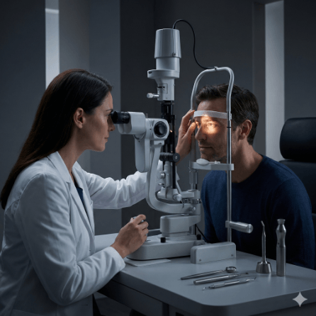 A patient getting his eye looked at during an emergency eye care assessment