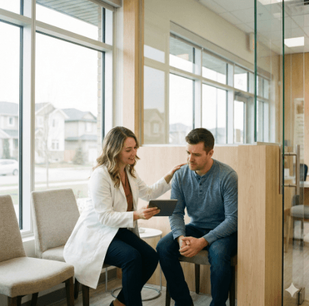 An empathic optometrist showing a patient some images from his recent eye scan