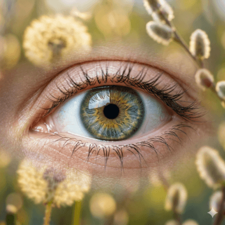 a human eye, with common allergens like pollen around it