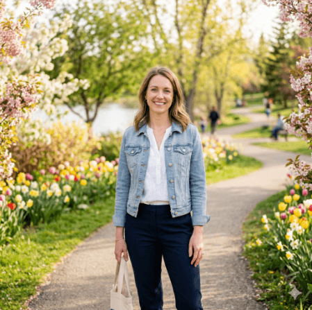a woman happily walking in a nature trail in Sherwood Park