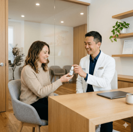 an optometrist giving a bottle of clinical dry eye drops to a patient 