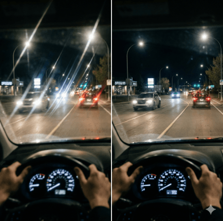 a split screen POV view of a road inside a car while driving, showcasing the contrast between someone who got astigmatism correction and someone who didn't