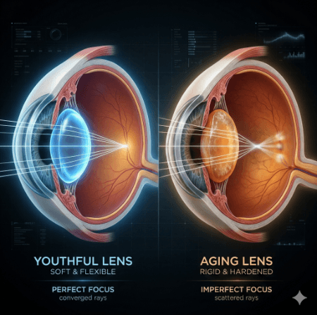 an image showing differences between a youthful lens and an aging lens