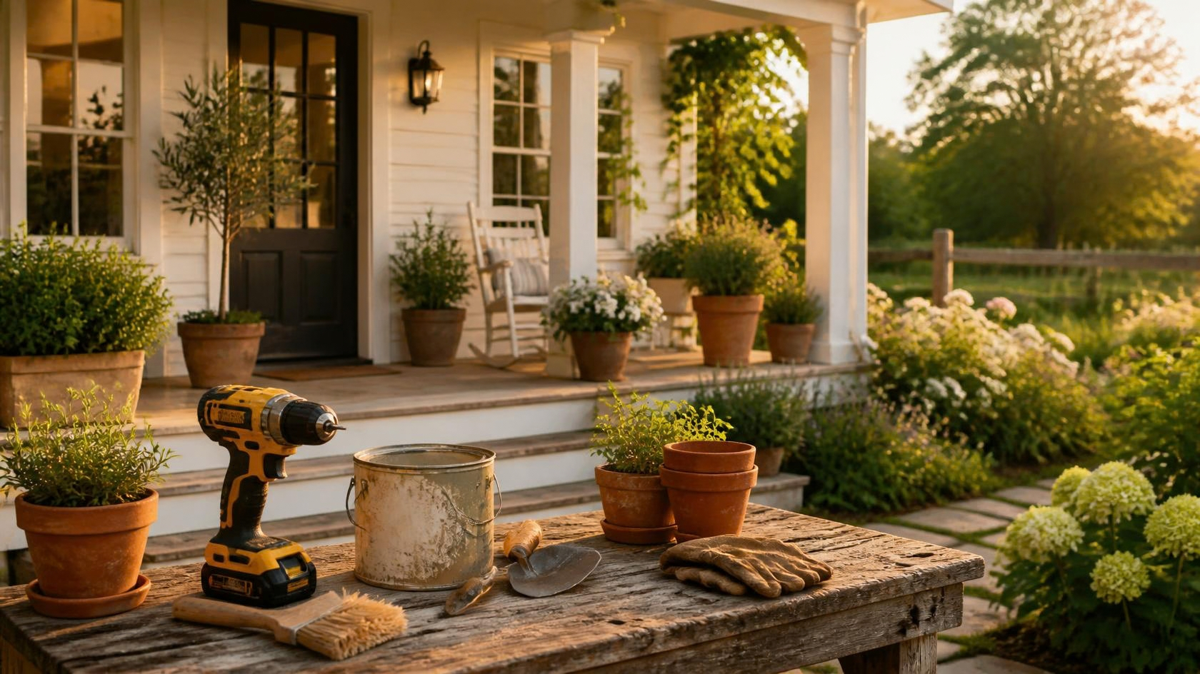 A cottage porch with garden tools and plants ready for a weekend project