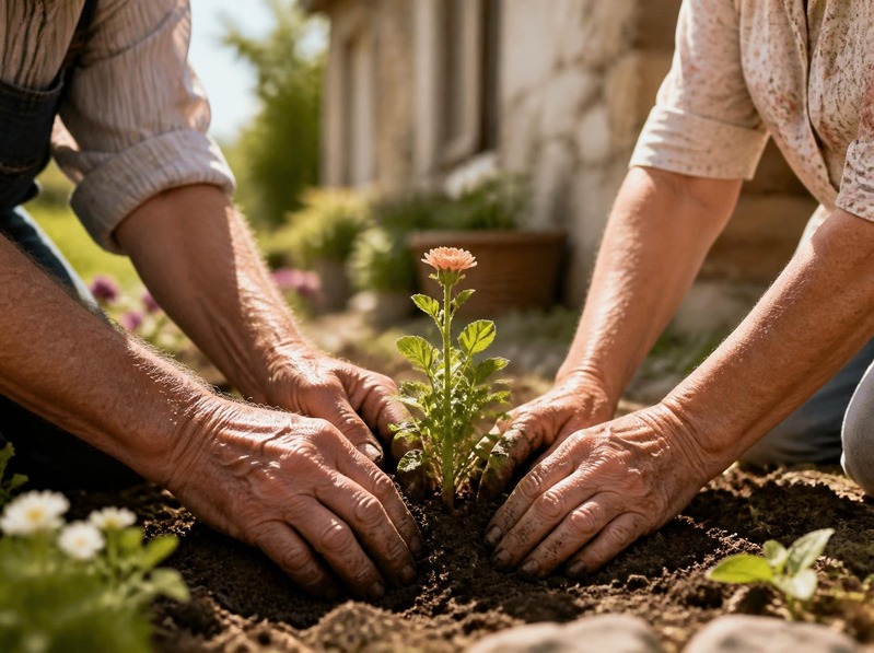 Hands planting a flower in a garden bed