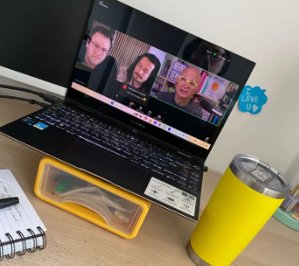Shelly Terry, founder of Sheldon Social, attending a virtual event on her laptop featuring Seth Godin and Atomicon founders Andrew Pickering and Pete Garland — reflecting Shelly's ongoing engagement with leading voices in content strategy, marketing, and thought leadership.