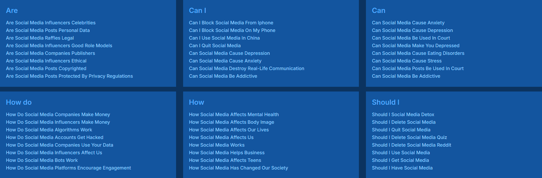 11:09Claude responded: A blue grid of question-based search suggestions about social media from Answer The Public, grouped by question type including are, can I, how, and should I — …A blue grid of question-based search suggestions about social media from Answer The Public, grouped by question type including are, can I, how, and should I — used in a Sheldon Social article on finding research-backed content ideas. 11:09Claude responded: A blue grid of question-based search suggestions about social media from Answer The Public, grouped by question type including are, can I, how, and should I — …A blue grid of question-based search suggestions about social media from Answer The Public, grouped by question type including are, can I, how, and should I — used in a Sheldon Social article on finding research-backed content ideas.