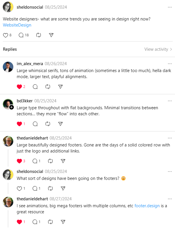 A screenshot of a Threads post from sheldonsocial asking website designers about current design trends, with replies from several users discussing whimsical serifs, dark mode, large type, and footer design — used in a Sheldon Social article on finding research-backed content ideas through social listening. A screenshot of a Threads post from sheldonsocial asking website designers about current design trends, with replies from several users discussing whimsical serifs, dark mode, large type, and footer design — used in a Sheldon Social article on finding research-backed content ideas through social listening.