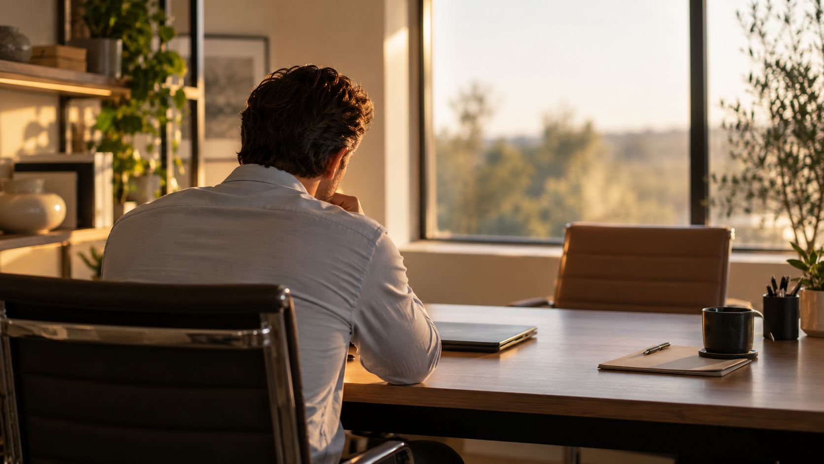 A business owner in a North Texas office weighs a decision alone, the question behind choosing a business coach vs. a peer advisory board.