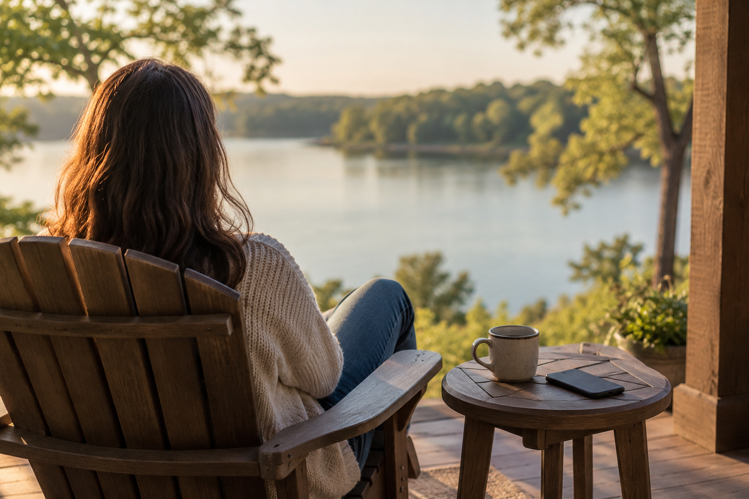 A North Texas business owner on a lake house porch with the phone face down, taking a real step back from the day-to-day. A North Texas business owner on a lake house porch with the phone face down, taking a real step back from the day-to-day.