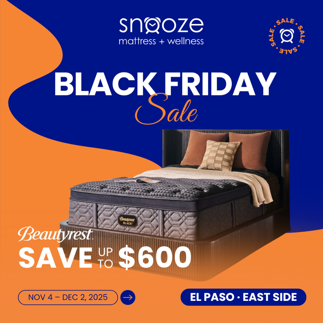 Beautyrest Black mattress displayed on a styled bed setup promoting Snooze Mattress + Wellness Black Friday Sale with text ‘Save up to $600, November 4–December 2, 2025, El Paso East Side.'