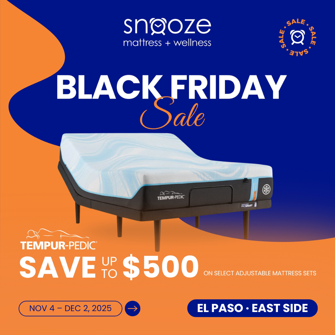 Tempur-Pedic adjustable mattress displayed on an orange and purple background with Snooze Mattress + Wellness Black Friday Sale banner reading ‘Save up to $500 on select adjustable mattress sets, November 4–December 2, 2025, El Paso East Side.'