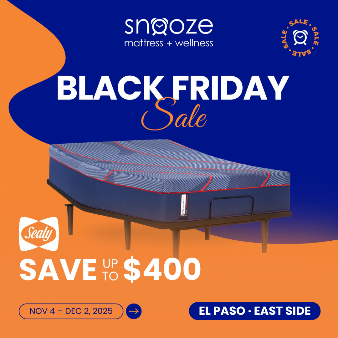 Sealy mattress featured in Snooze Mattress + Wellness Black Friday Sale promotion with text ‘Save up to $400, November 4–December 2, 2025, El Paso East Side.’